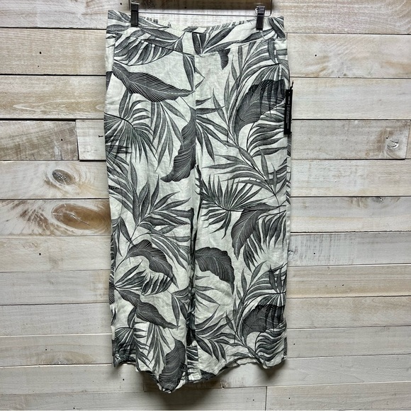 Tahari Linen Pants Womens Large Pull On Wide Leg White Black Tropical Leaves New - Picture 2 of 11